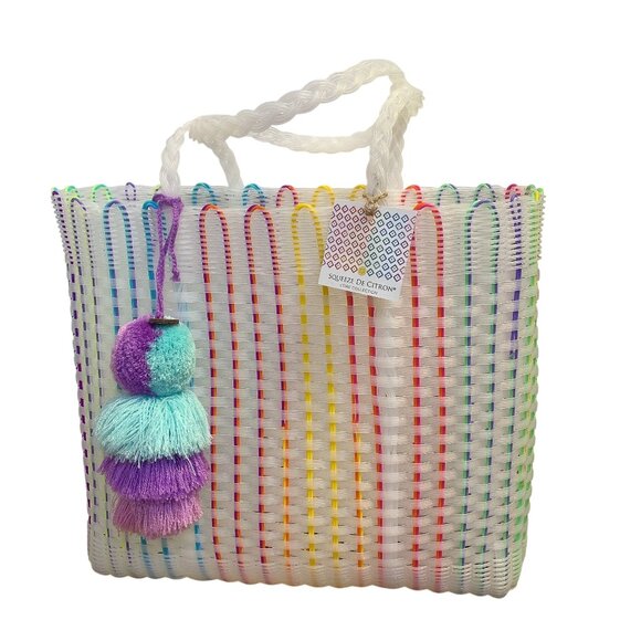 Squeeze De Citron Handbags - Squeeze De Citron Woven Tote Bag With Rainbow Stripes & Pom-Pom Keychain